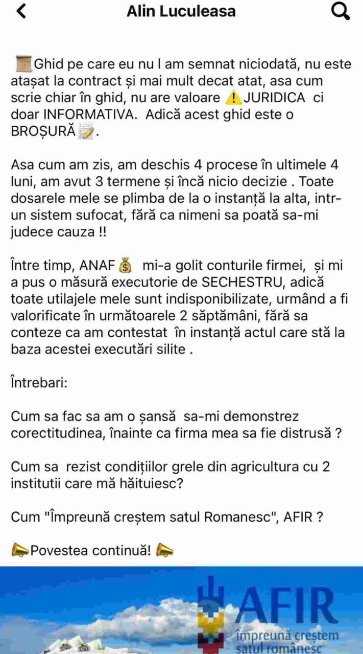 Bătălia dintre un tânăr fermier și autorități: ,,AFIR mi-a încetat contractul de finanțare, ANAF mi-a golit conturile” 2 Bătălia dintre un tânăr fermier și autorități: ,,AFIR mi-a încetat contractul de finanțare, ANAF mi-a golit conturile” Bătălia dintre un tânăr fermier și autorități: ,,AFIR mi-a încetat contractul de finanțare, ANAF mi-a golit conturile” Actualitate fermier