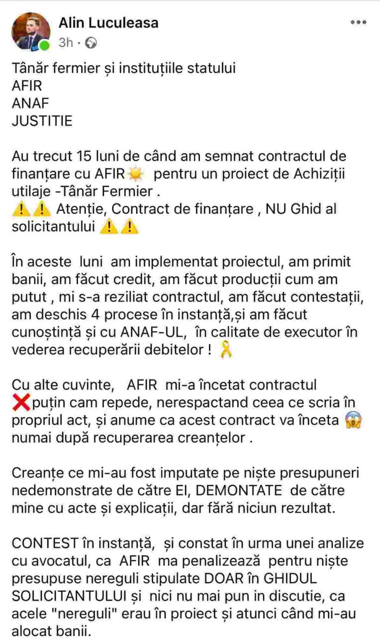 Bătălia dintre un tânăr fermier și autorități: ,,AFIR mi-a încetat contractul de finanțare, ANAF mi-a golit conturile” 1 Bătălia dintre un tânăr fermier și autorități: ,,AFIR mi-a încetat contractul de finanțare, ANAF mi-a golit conturile” Bătălia dintre un tânăr fermier și autorități: ,,AFIR mi-a încetat contractul de finanțare, ANAF mi-a golit conturile” Actualitate fermier